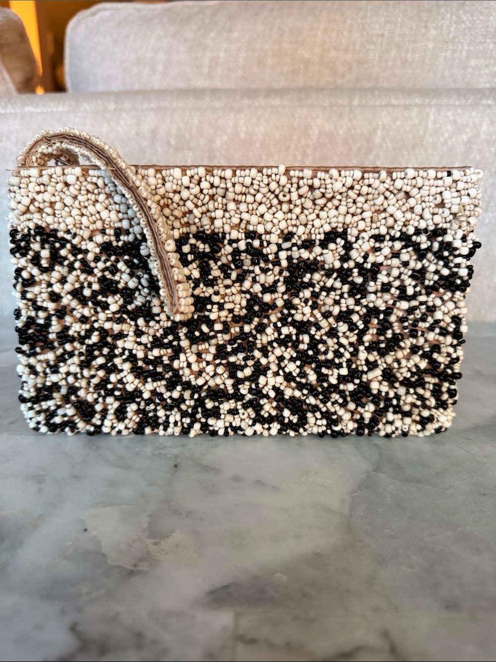 Boutique Beaded Black and Cream Wristlet Clutch Quality Heavy Beaded Vacation
